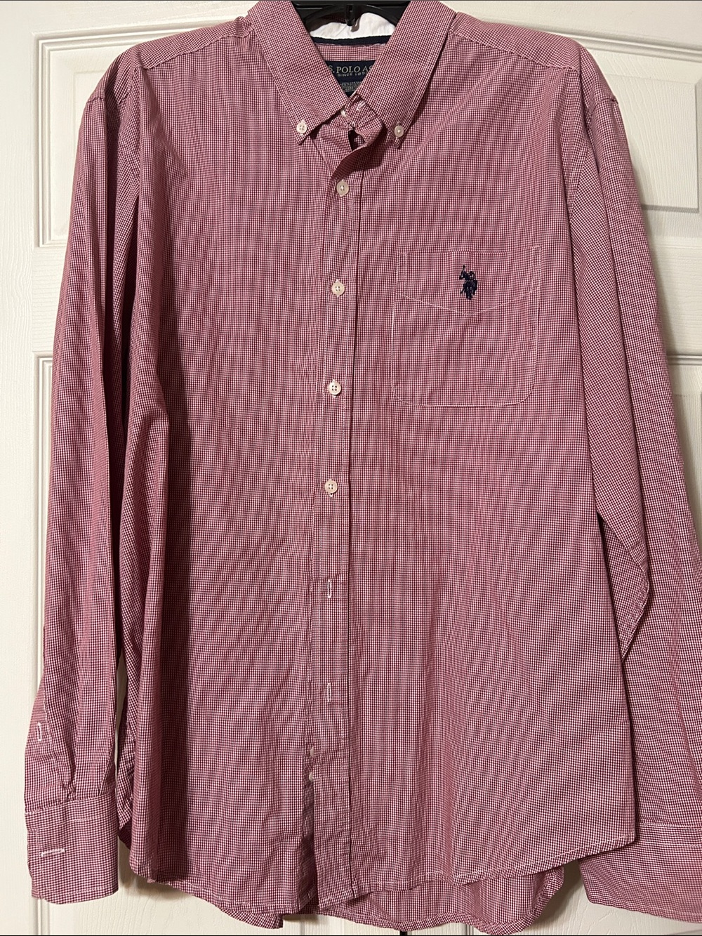 US Polo Assn -XL- Men's Button-Down LSleeve Shirt - Burgundy/White with Navy Log